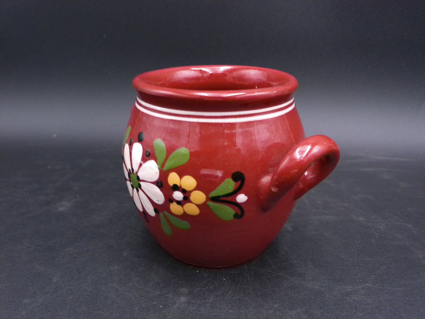Mexican Style Small Pottery Pot With Handles Clay Floral Design