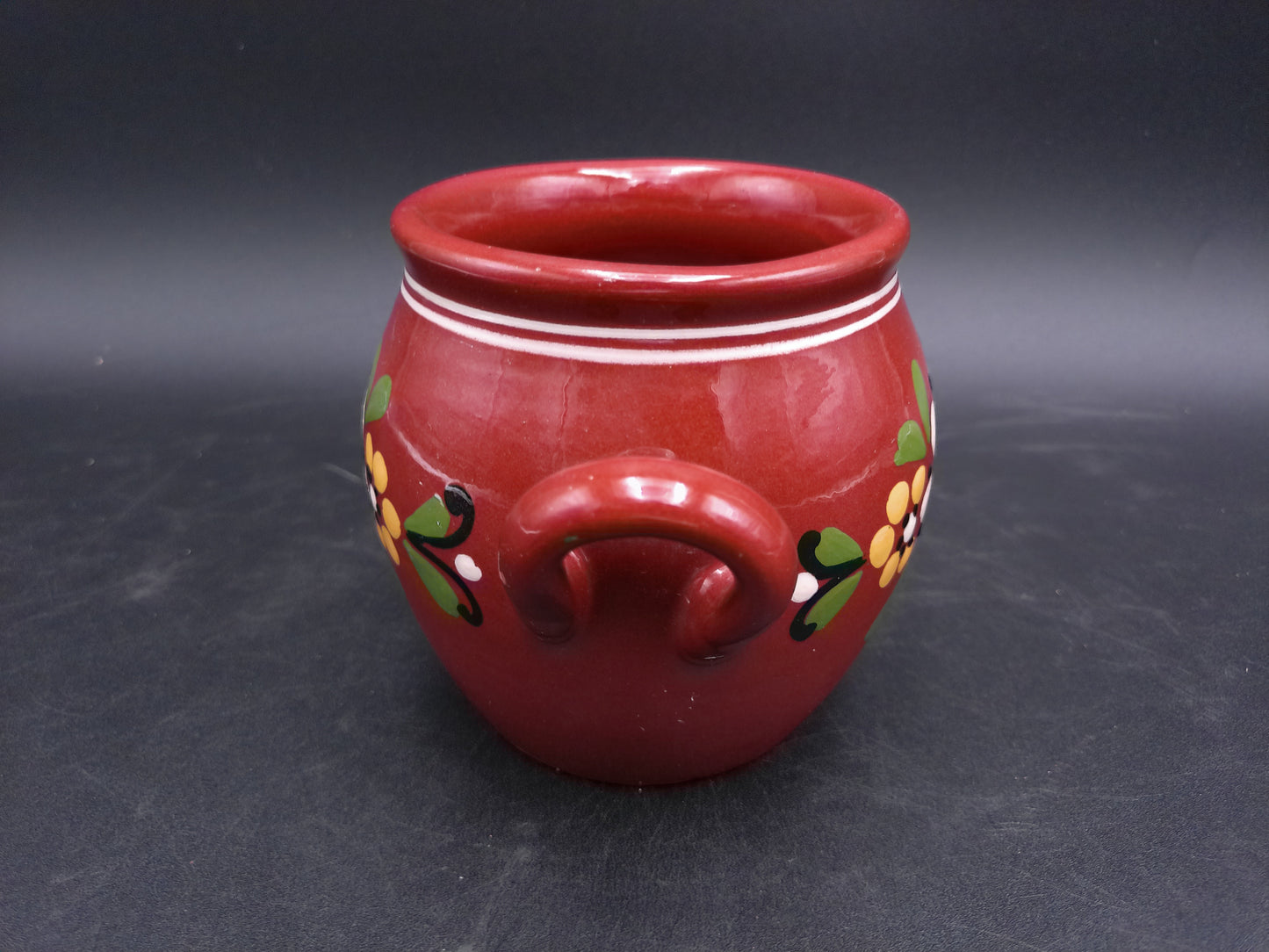 Mexican Style Small Pottery Pot With Handles Clay Floral Design