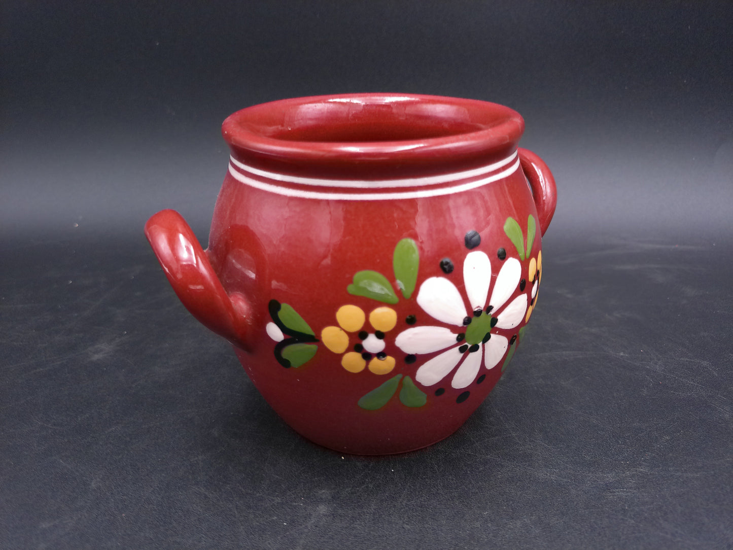 Mexican Style Small Pottery Pot With Handles Clay Floral Design