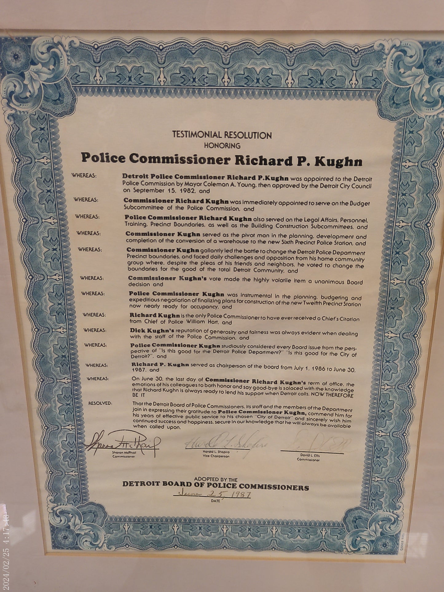 Art Award Honoring Richard Kughn police Comissioner by Mayor Coleman Young Detroit mi