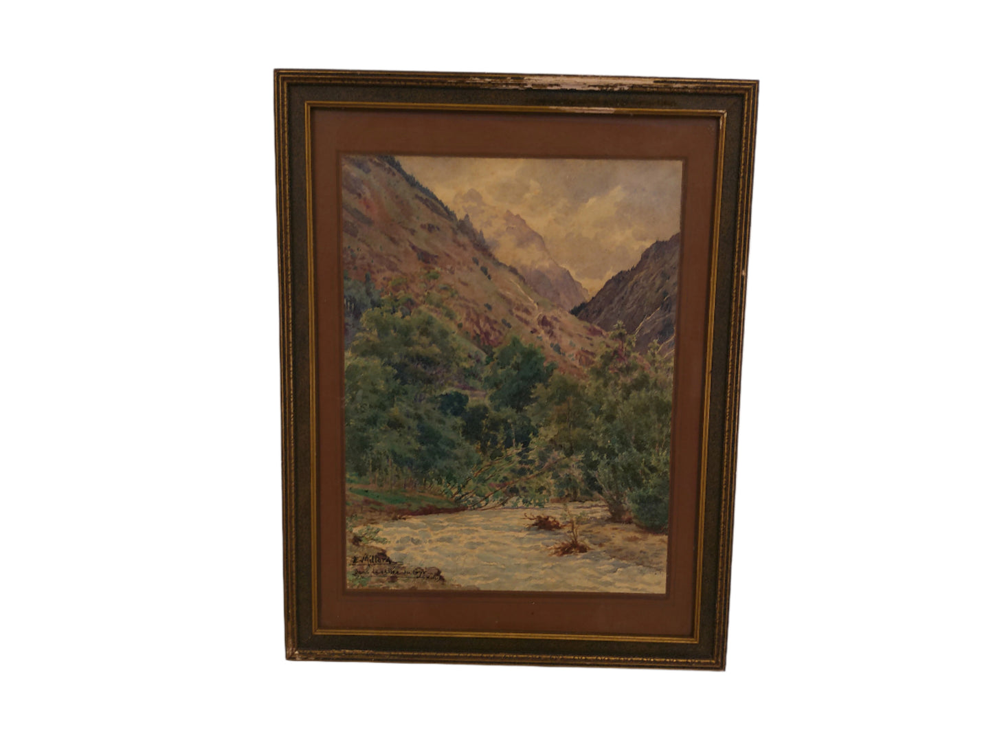 Art Oil painting 19th century, river and mountain landscape
