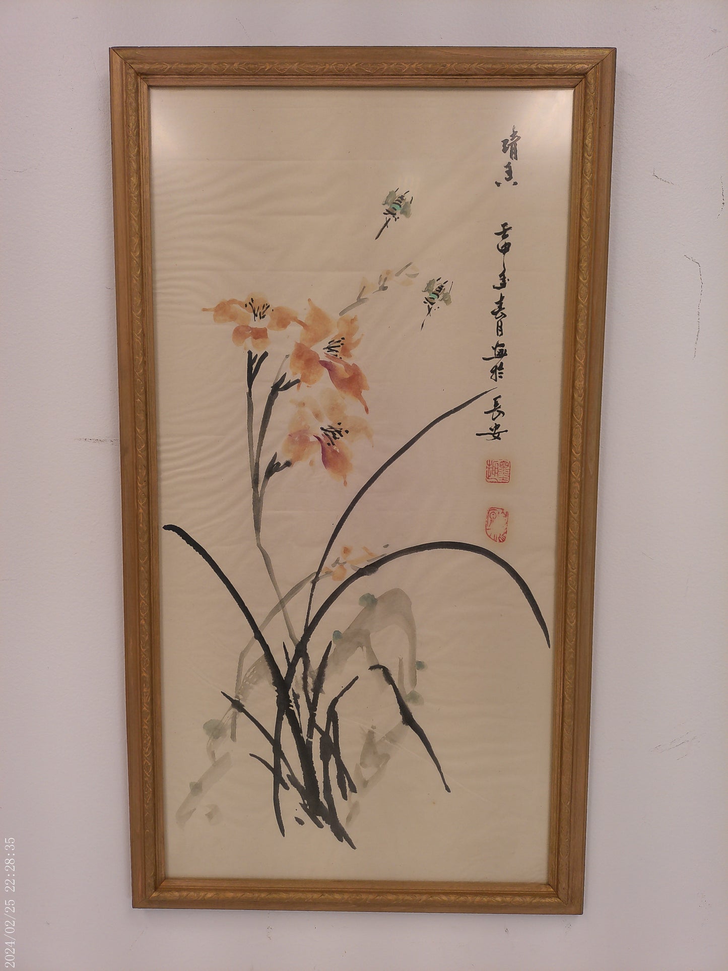 Art Chinese Orchid Art Silk Print wood Framed with glass