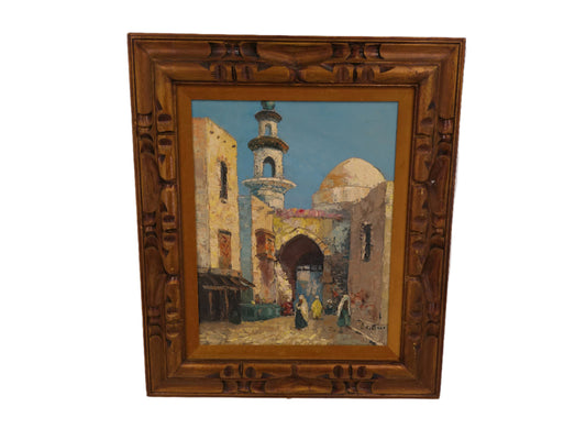 Art Oil Middle East Painting Cityscape Signed  unique craved  work frame
