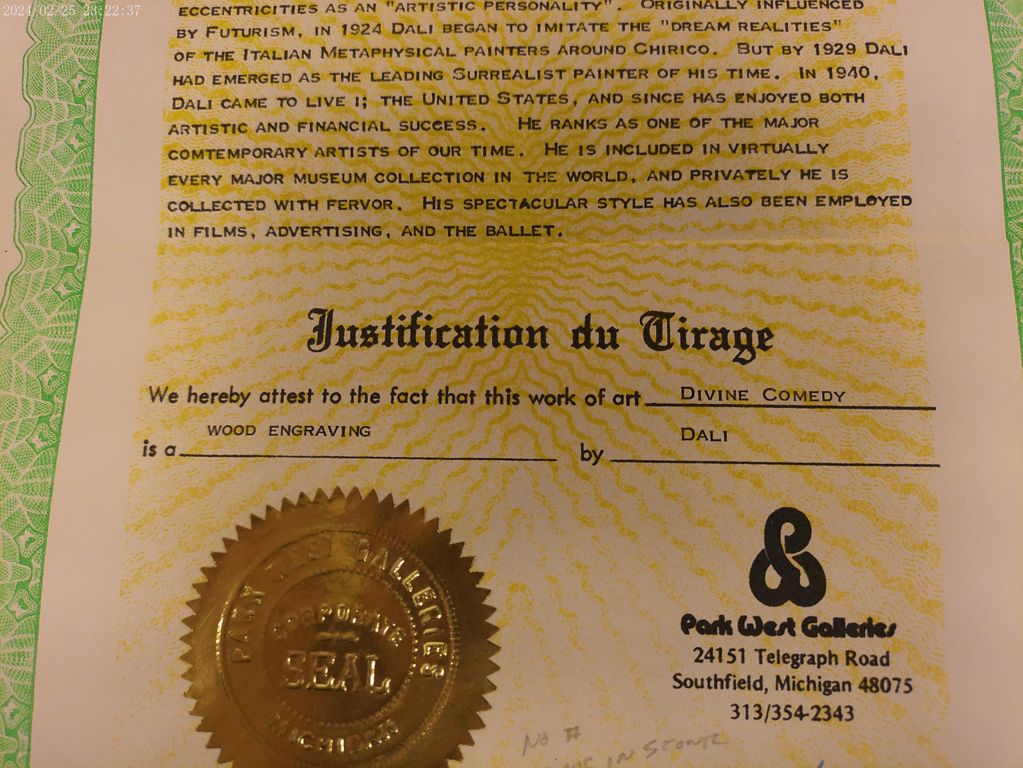 Art signed by Artist Salvador Dali "The Ship of Souls" with paperwork COA
