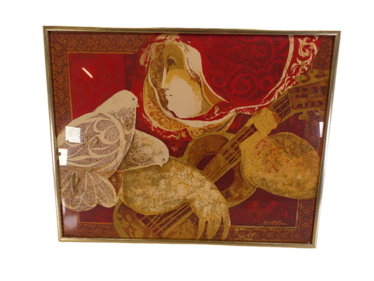 Art Spanish Artist Sunol Alvar The Guitarist and The Pigeons Framed Lithograph