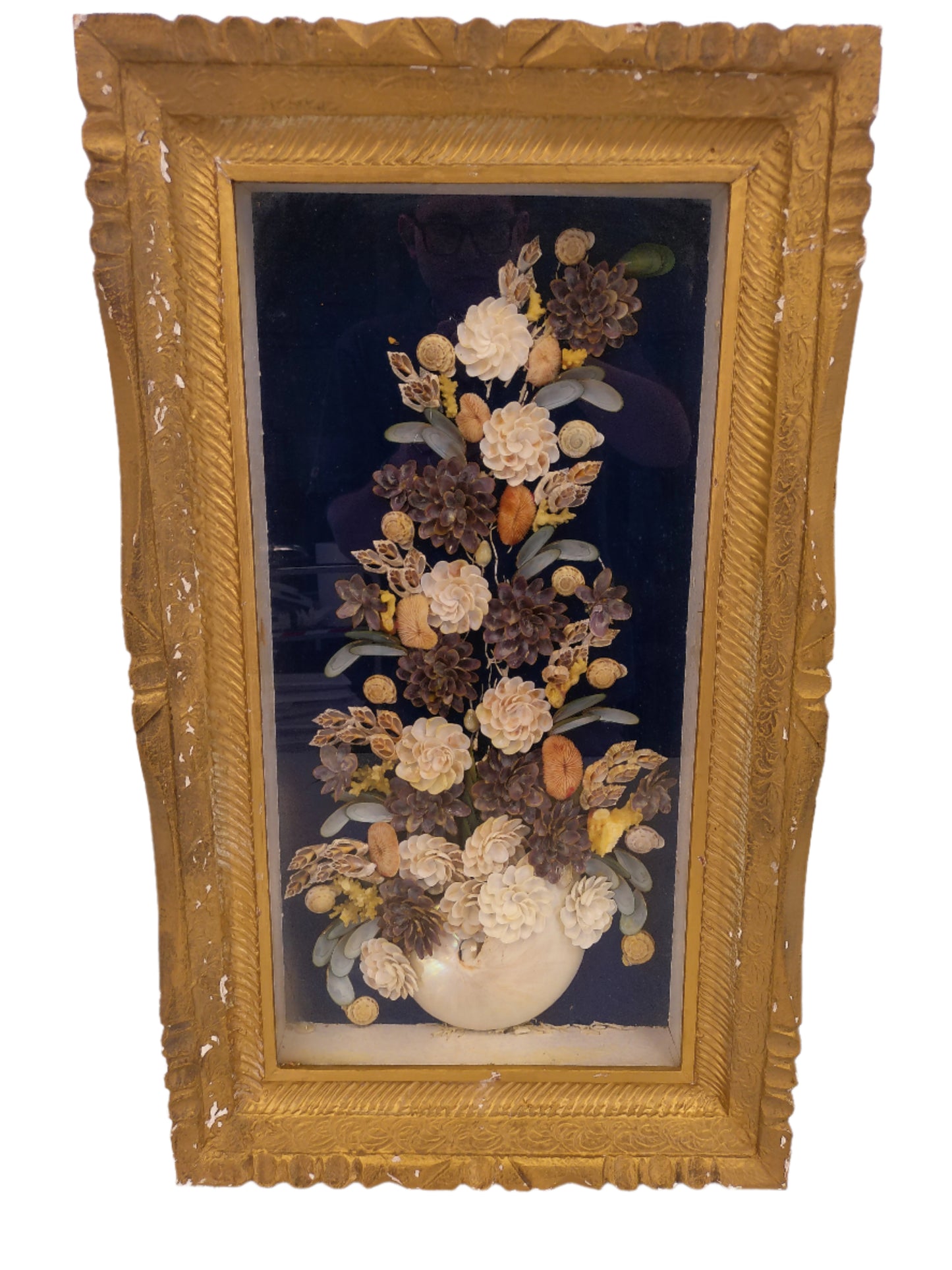 Art Antique Victorian Design Flower Mourning Display  Shadow Box Gold Frame