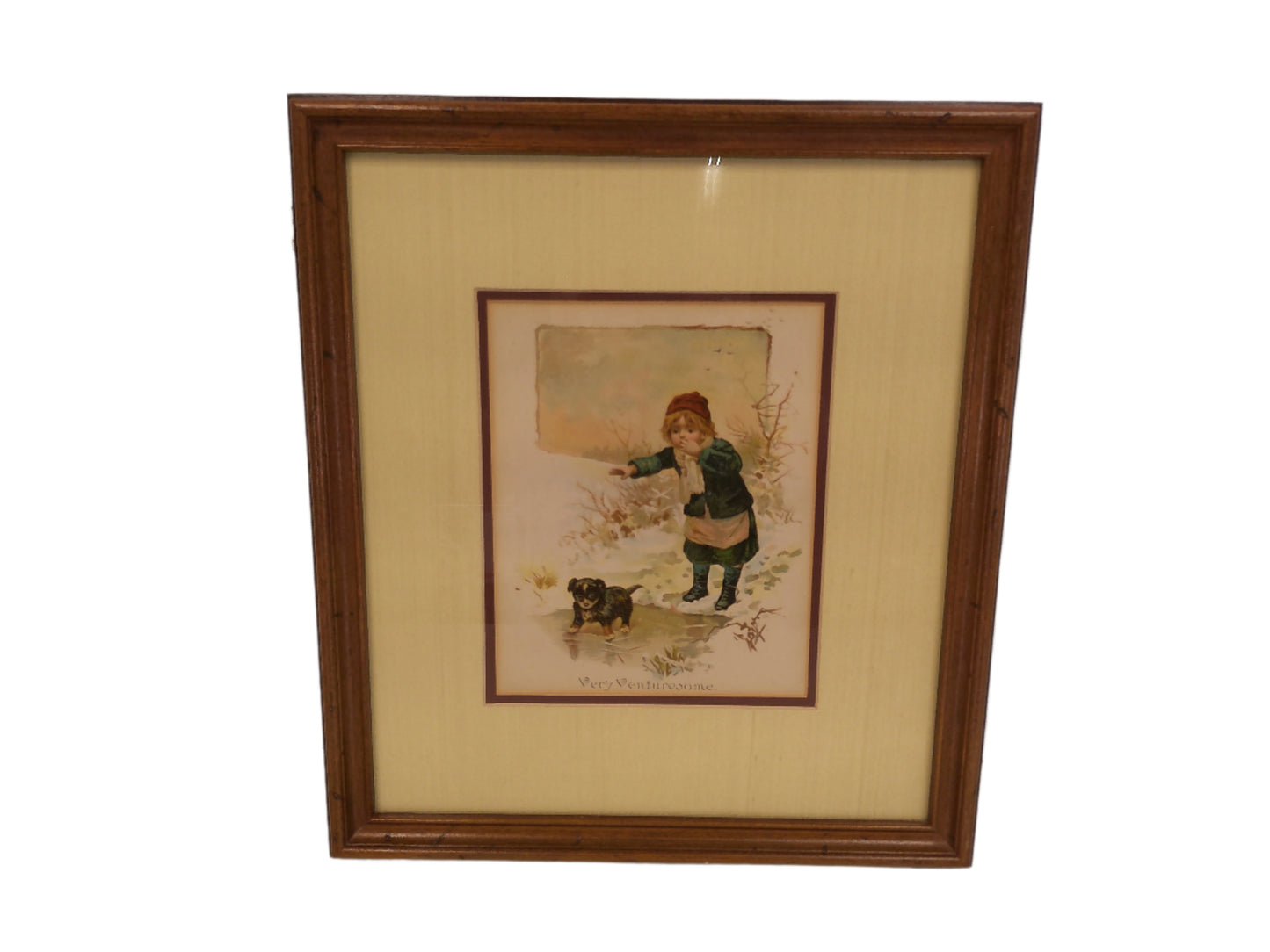 Art Print Very Venturesome Wood Framed Matted  Puppy on Slippery Ice with Child