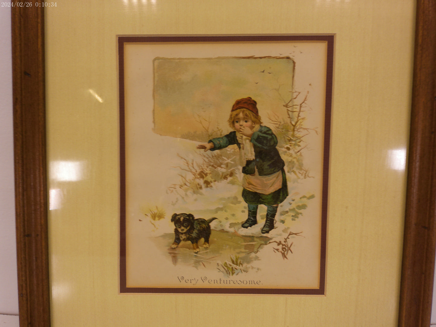 Art Print Very Venturesome Wood Framed Matted  Puppy on Slippery Ice with Child