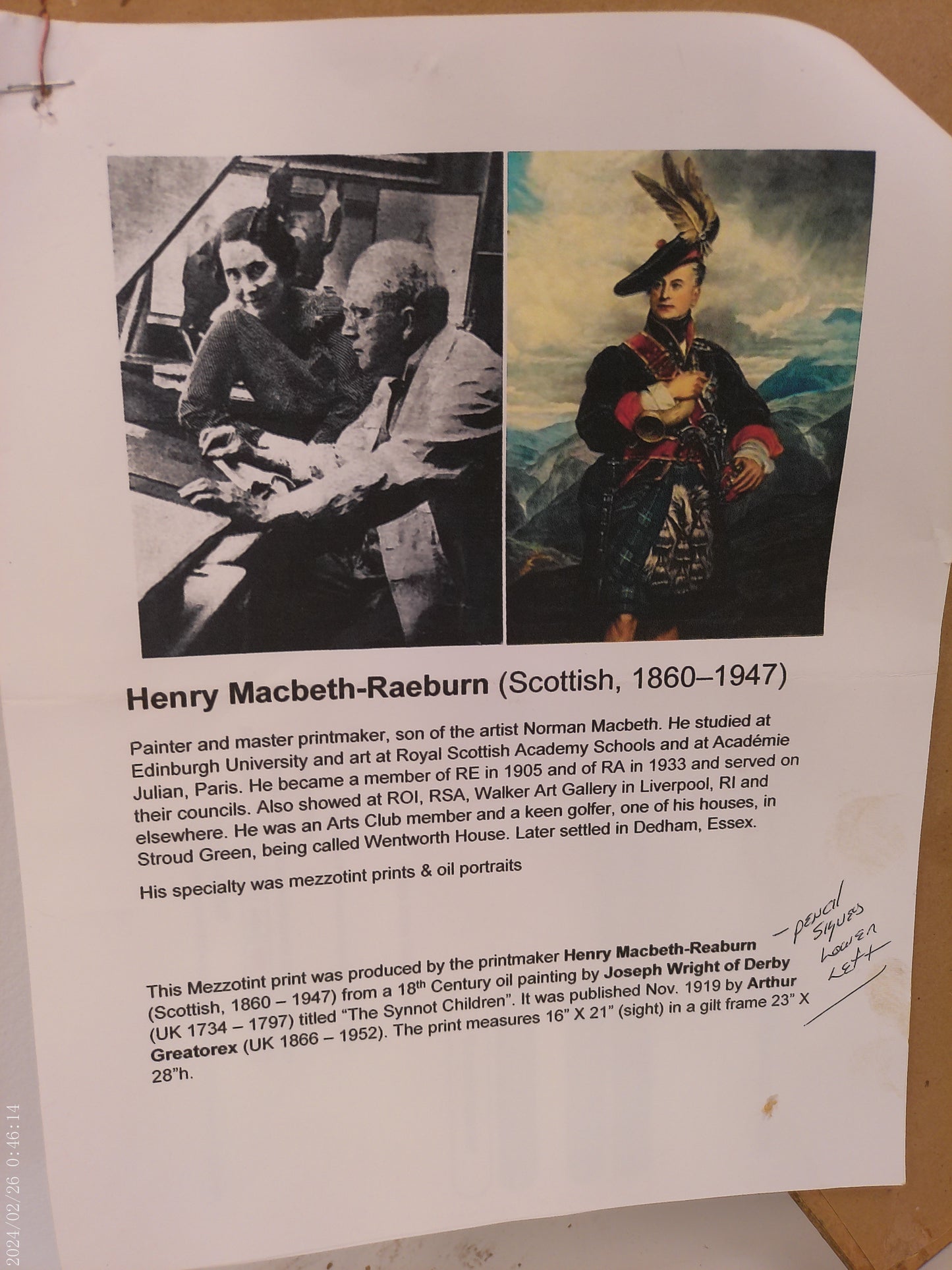 Art Henry Macbeth Raeburn Mezzotint print Signed Rare Lithograpth "The Synnot Children"