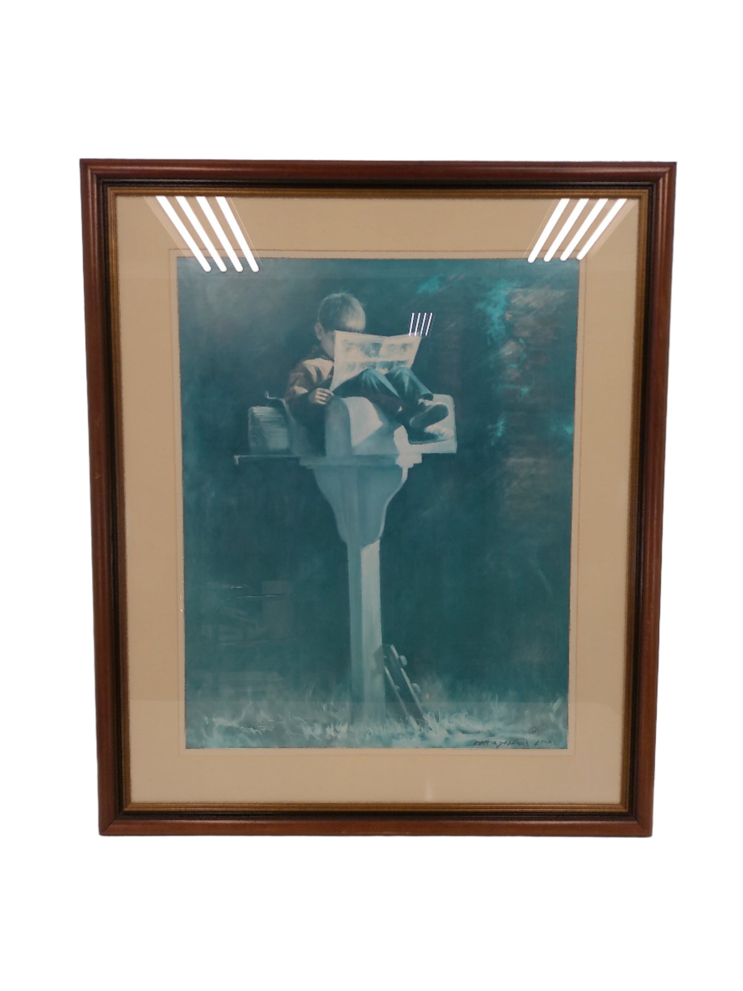 Art Boy on Mailbox Reading Paper print signed