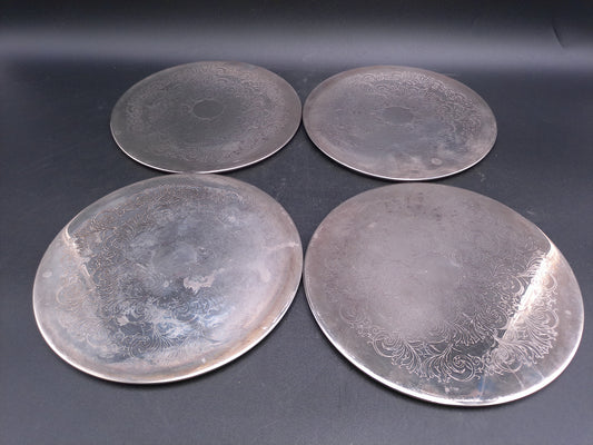Silver Plated Vintage Serving Plates Place Mats Ornate Design Green Felt Backing