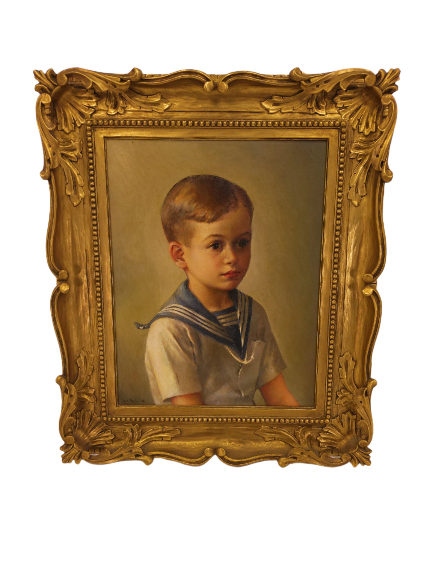 Art Antique Oil Painting Boy in a Sailor Suit Signed by Artist Jan Neely 48'