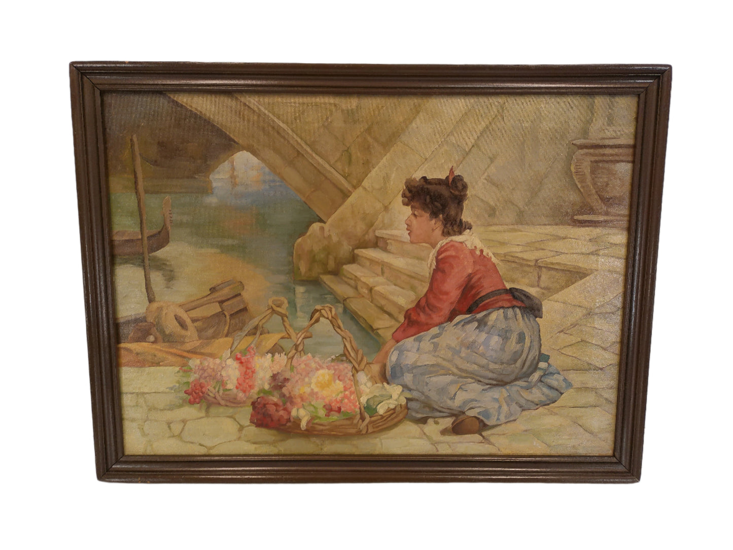 Art Antique R.M. Dinsmore Oil Painting on Canvas Flower Seller Framed Young Lady