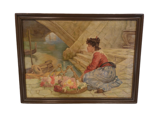 Art Antique R.M. Dinsmore Oil Painting on Canvas Flower Seller Framed Young Lady