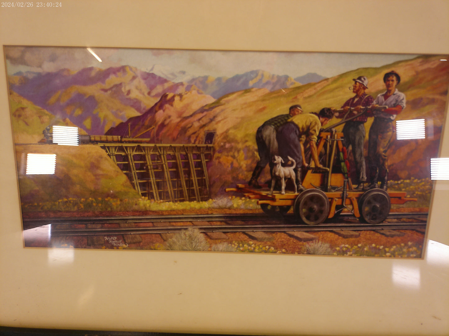 Art Railroad Picture of Men on a Cart Wood Frame with Glass