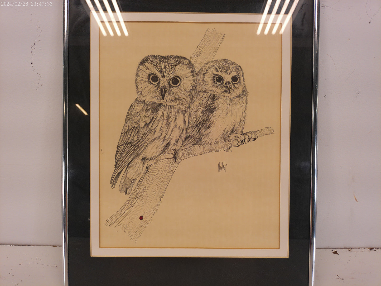 Art Pair of Owls Painting Signed Metal Frmaw with Glass