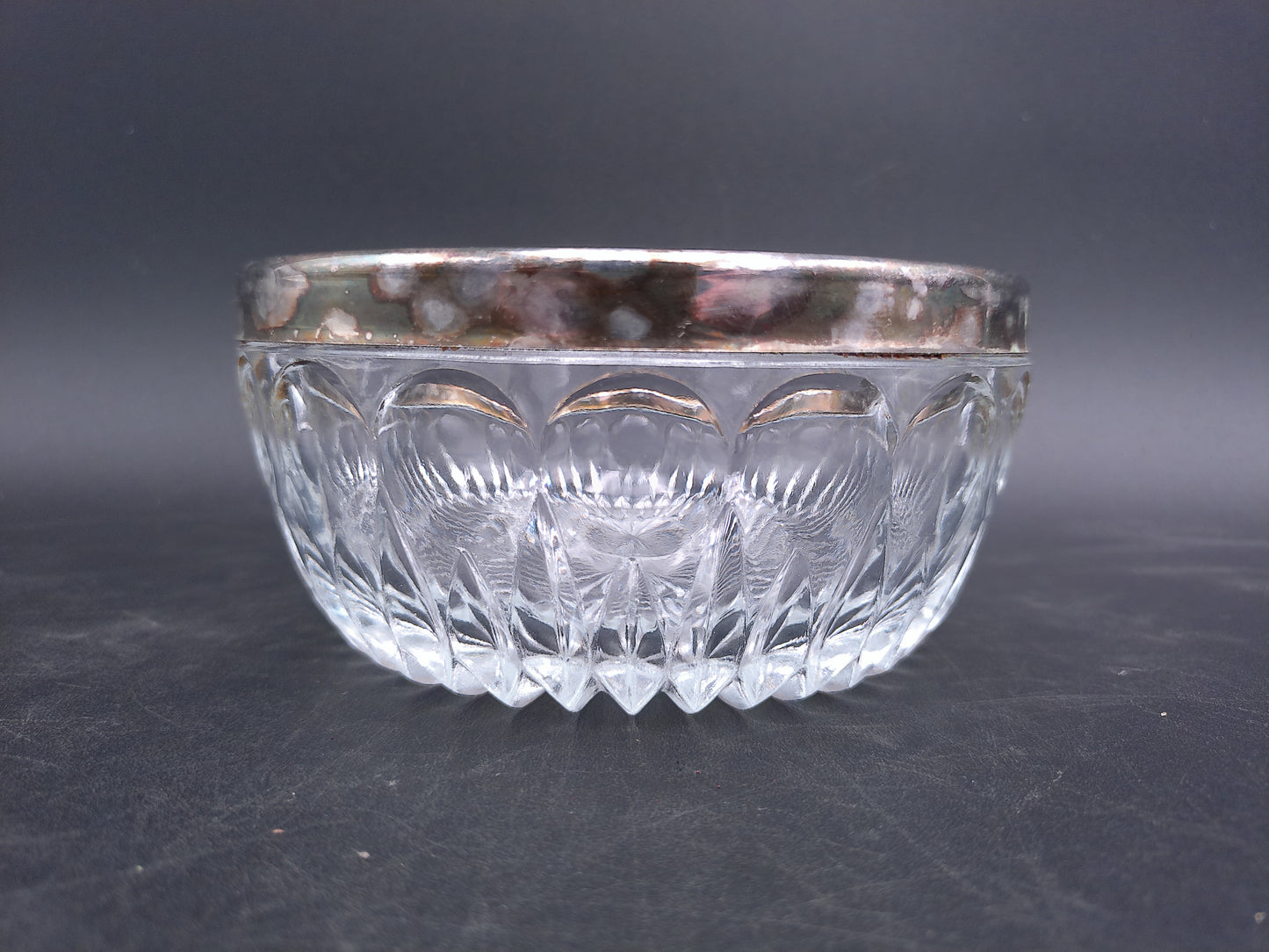 Petite Crystal Bowl with Aged Patina Silver Plated Rim