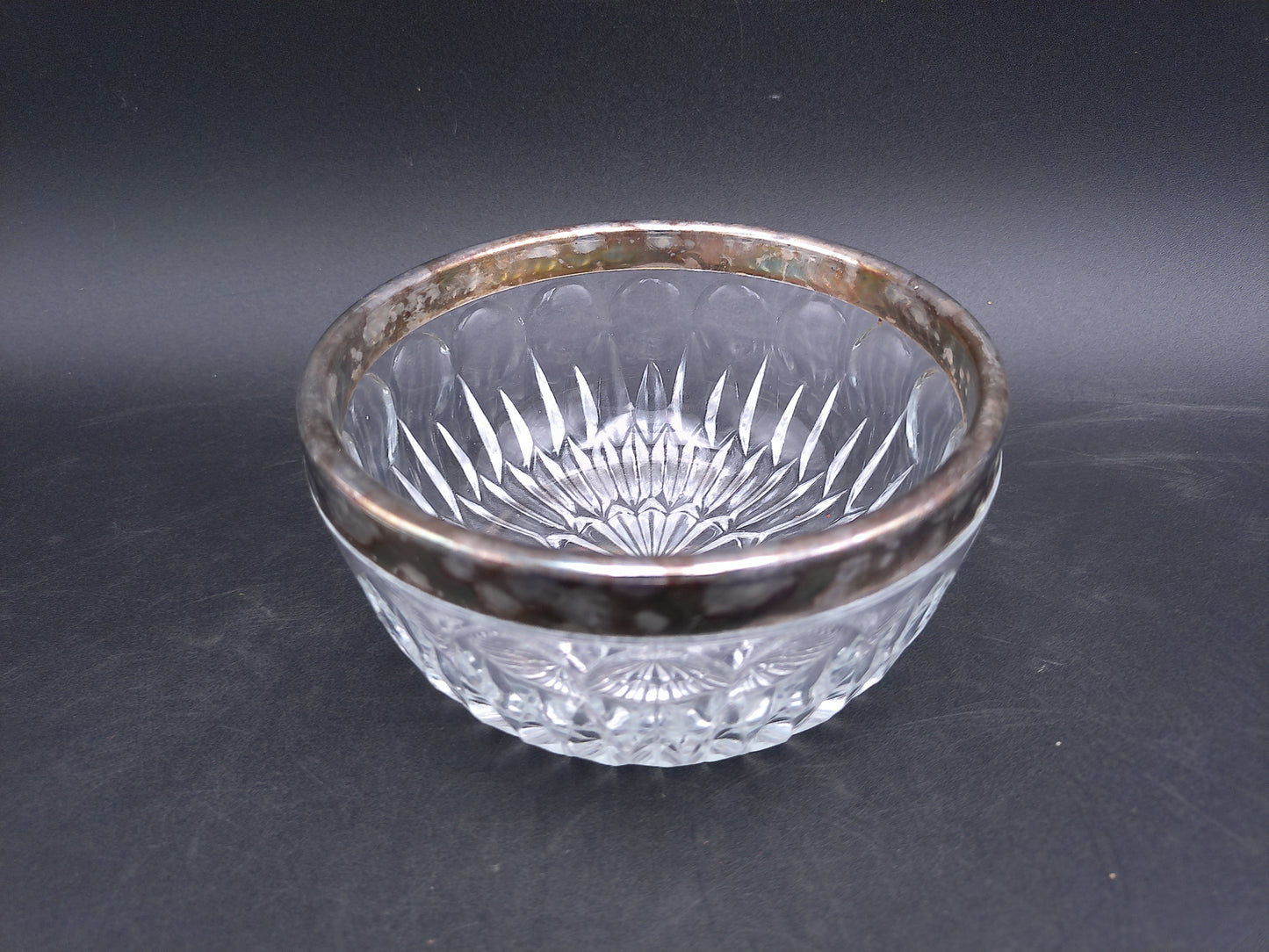 Petite Crystal Bowl with Aged Patina Silver Plated Rim