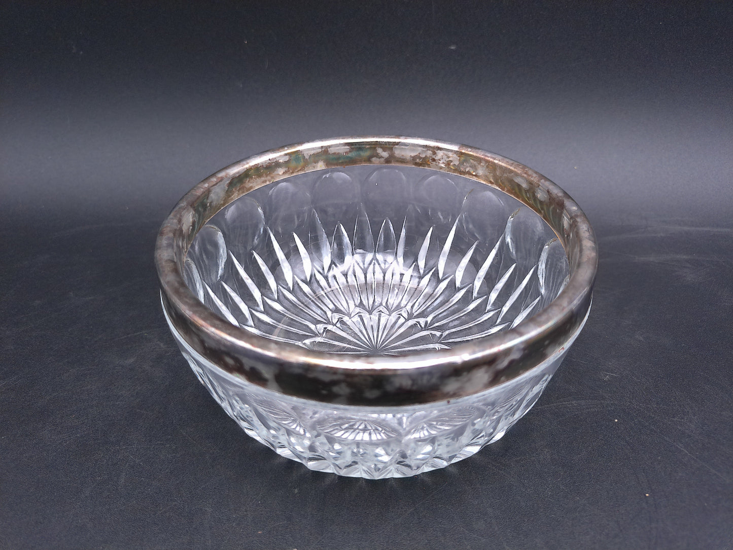 Petite Crystal Bowl with Aged Patina Silver Plated Rim