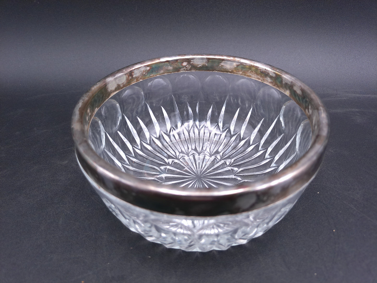 Petite Crystal Bowl with Aged Patina Silver Plated Rim