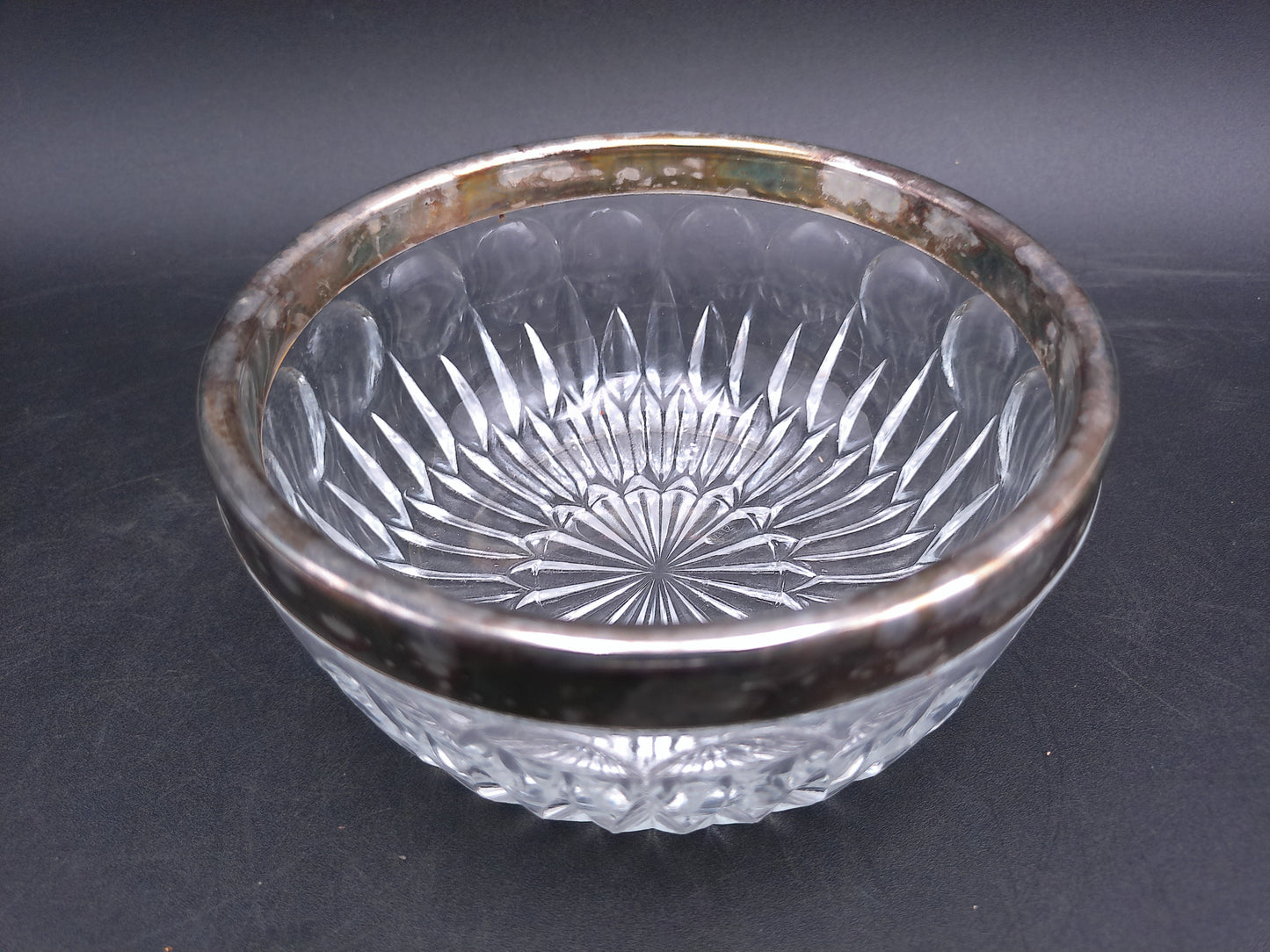 Petite Crystal Bowl with Aged Patina Silver Plated Rim