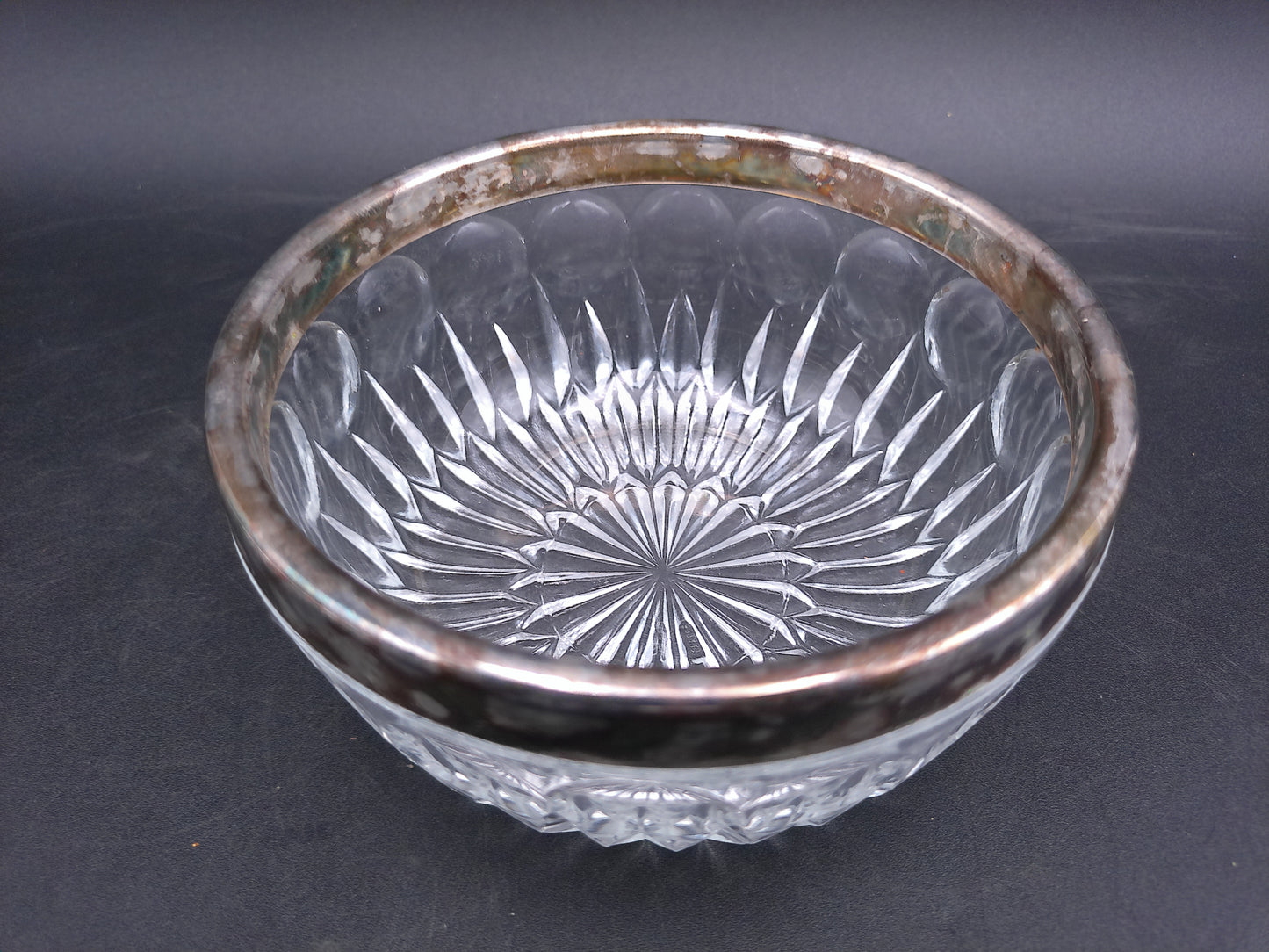 Petite Crystal Bowl with Aged Patina Silver Plated Rim