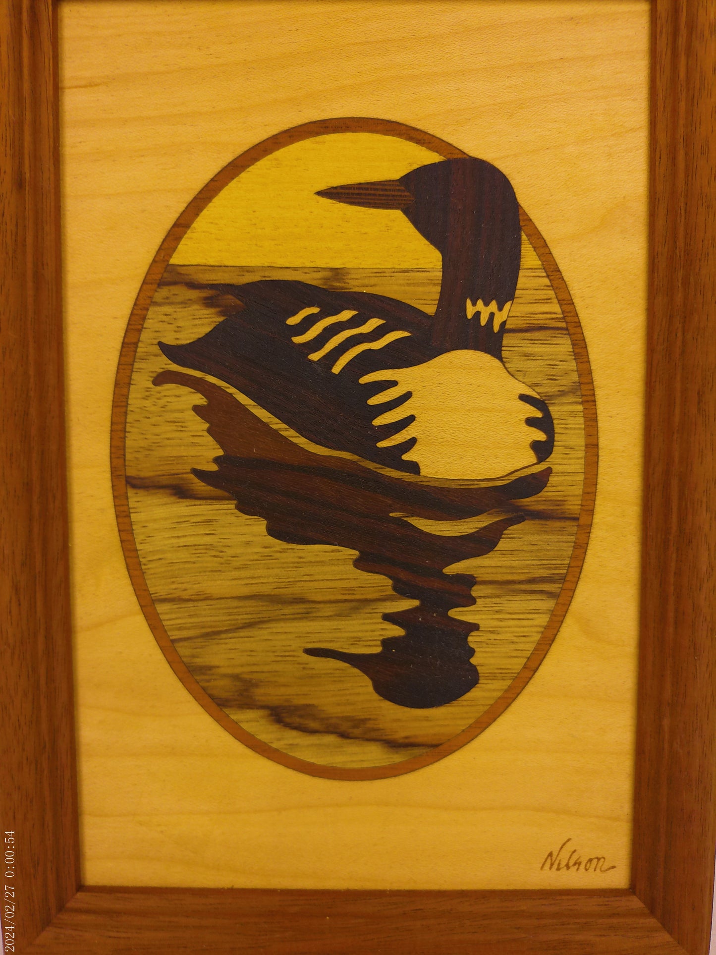 Art Duck in the water picture signed by Artist WILSON wood inlaid