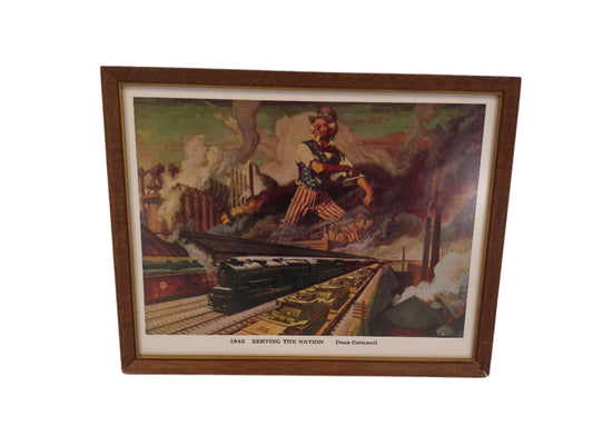 Art Framed Orig Print WWII Uncle Sam Standing Over Railroad 1943 Serving the Nation