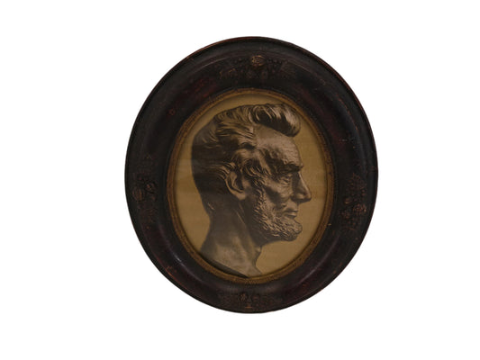 Art Abraham Lincoln Silhouette 3-D Bronze Bust Relief With Hand Crafted Oval-Shaped Wooden Frame