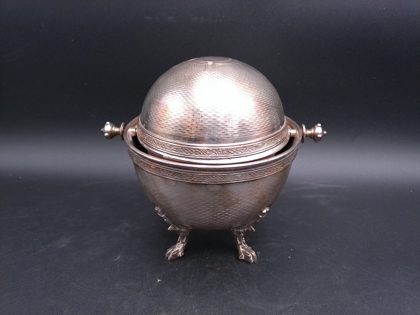 Silver Plate Dome Roll Top Butter Dish Caviar Made in England Patina Rare