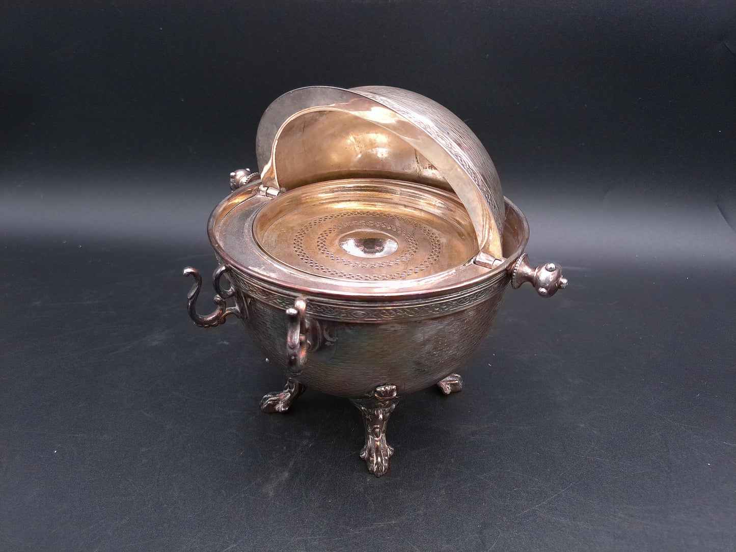 Silver Plate Dome Roll Top Butter Dish Caviar Made in England Patina Rare