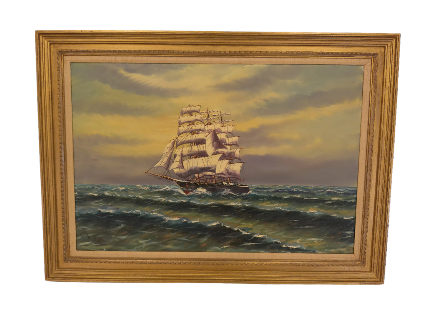 Art Vintage Sailboat Oil Painting Clipper Ship H.W. Hook