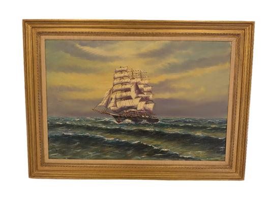 Art Vintage Sailboat Oil Painting  Clipper Ship H.W. Hook
