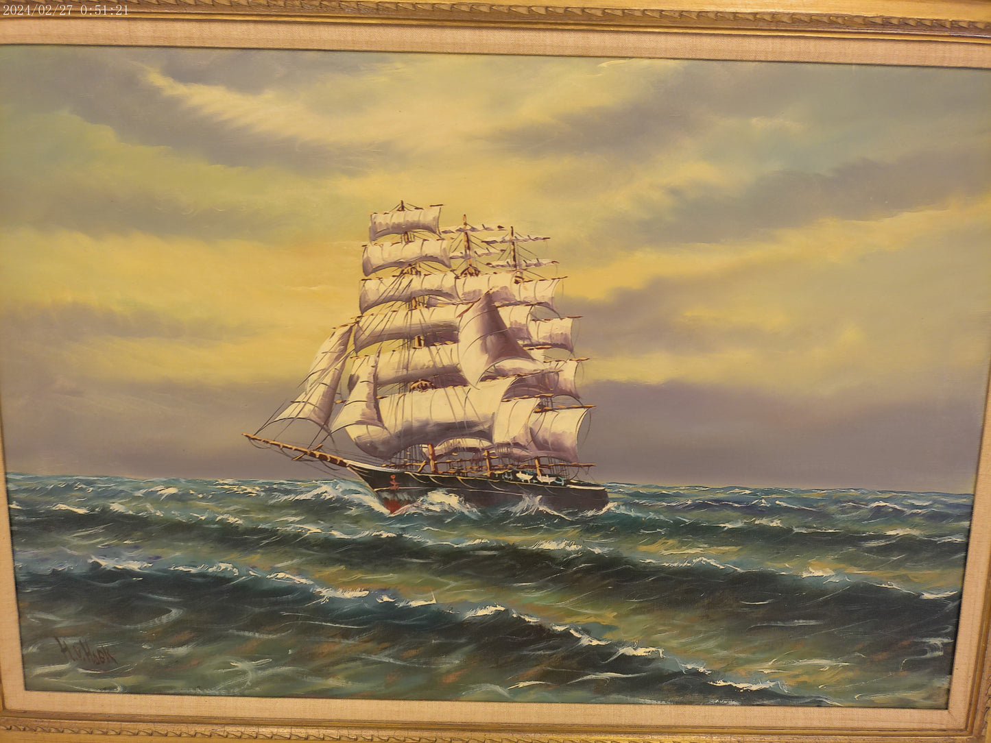 Art Vintage Sailboat Oil Painting Clipper Ship H.W. Hook