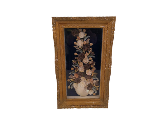 Art Vintage Picture Shadowbox Wall Hanging Made of Seashells Flower Display