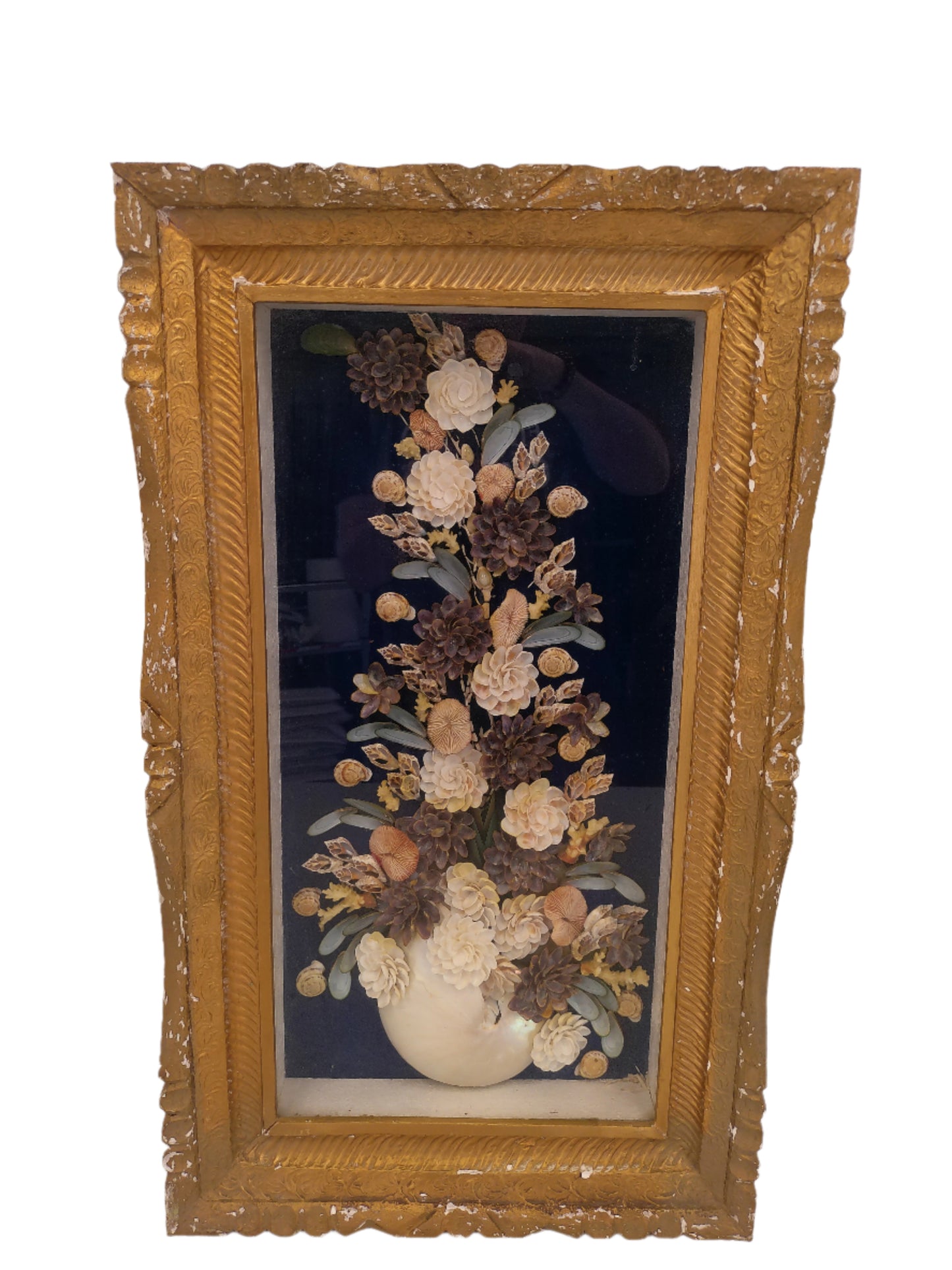 Art Vintage Picture Shadowbox Wall Hanging Made of Seashells Flower Display