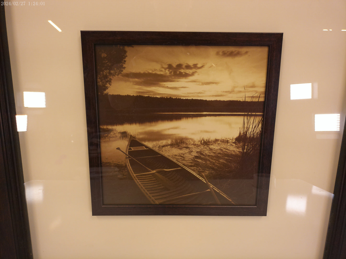 Art Morning Sunrise on Lake with Canoe Print Framed