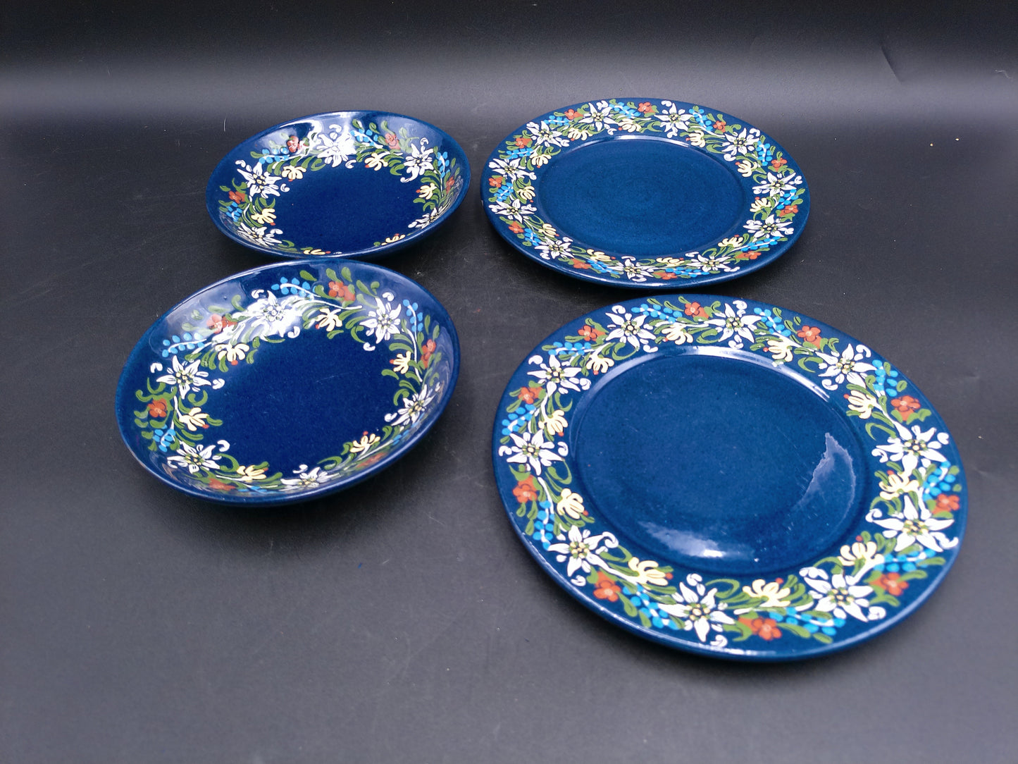 Hand Painted Set of 2 Pottery Dishes and Plates Floral Design by F. Hanni Heimberg
