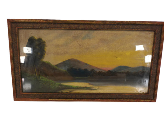 Art Oil Painting Morning Sunrise over Mountains by River Framed