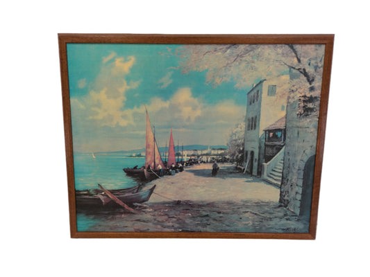 Art Vintage Scenic Fishing Village Sailboat Painting Printed on Canvas RICHTER Art