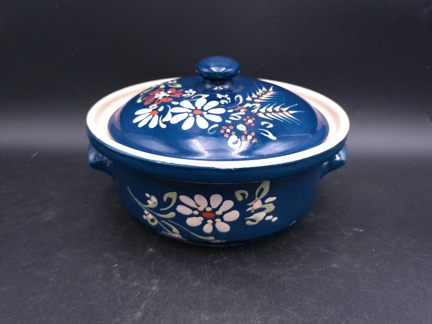 Cermanic Hand Painted Pot Bowl with Handles Lid Vintage Floral Design