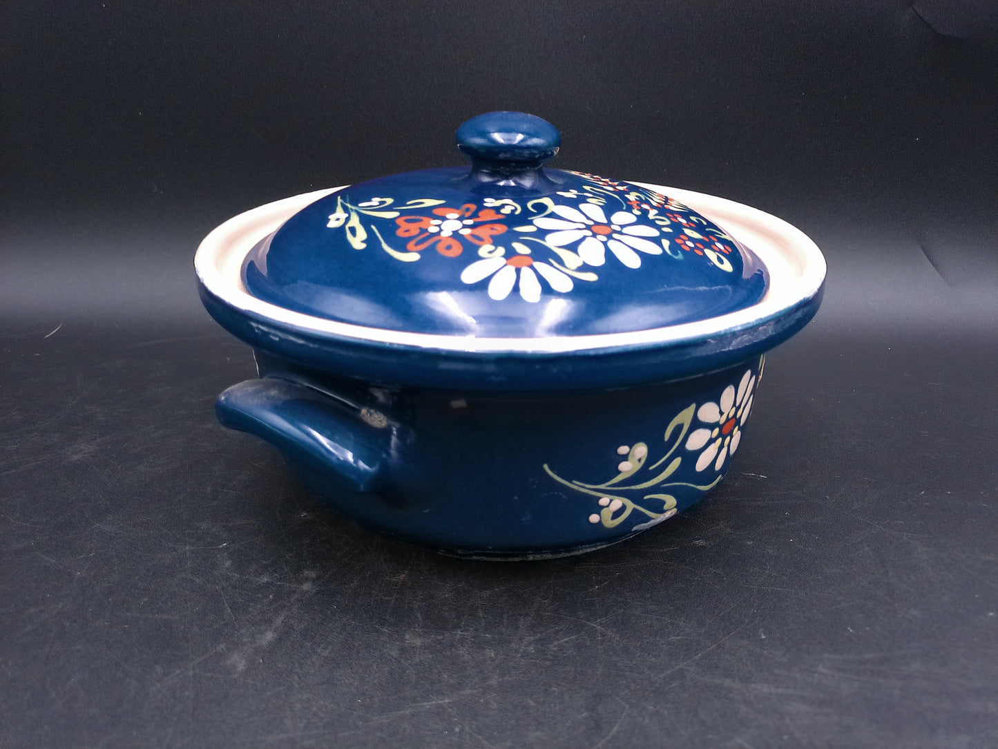 Cermanic Hand Painted Pot Bowl with Handles Lid Vintage Floral Design