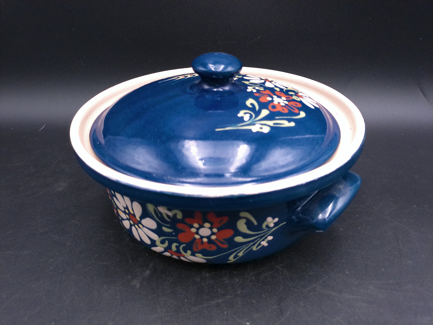 Cermanic Hand Painted Pot Bowl with Handles Lid Vintage Floral Design