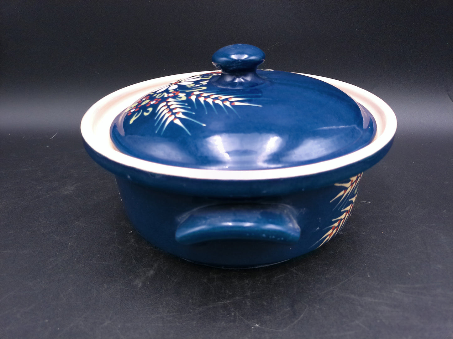 Cermanic Hand Painted Pot Bowl with Handles Lid Vintage Floral Design