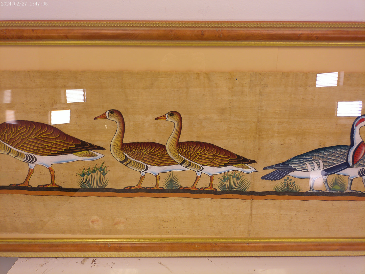 Art Large Egyptian Hand Painted Geese On Matted Papyrus Paper Framed