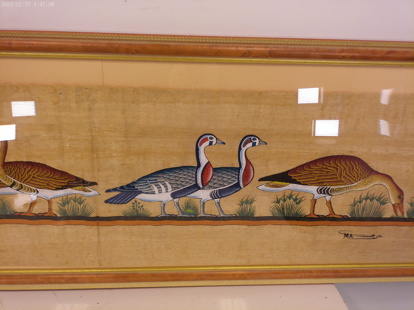 Art Large Egyptian Hand Painted Geese On Matted Papyrus Paper Framed