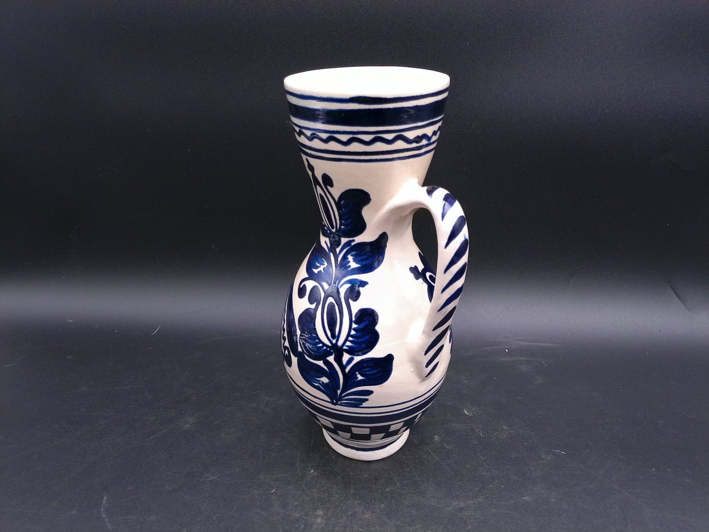 Korond Style Ceramic Pitcher with Bird Hungarian Folklore Handmade Pottery Blue and White Design