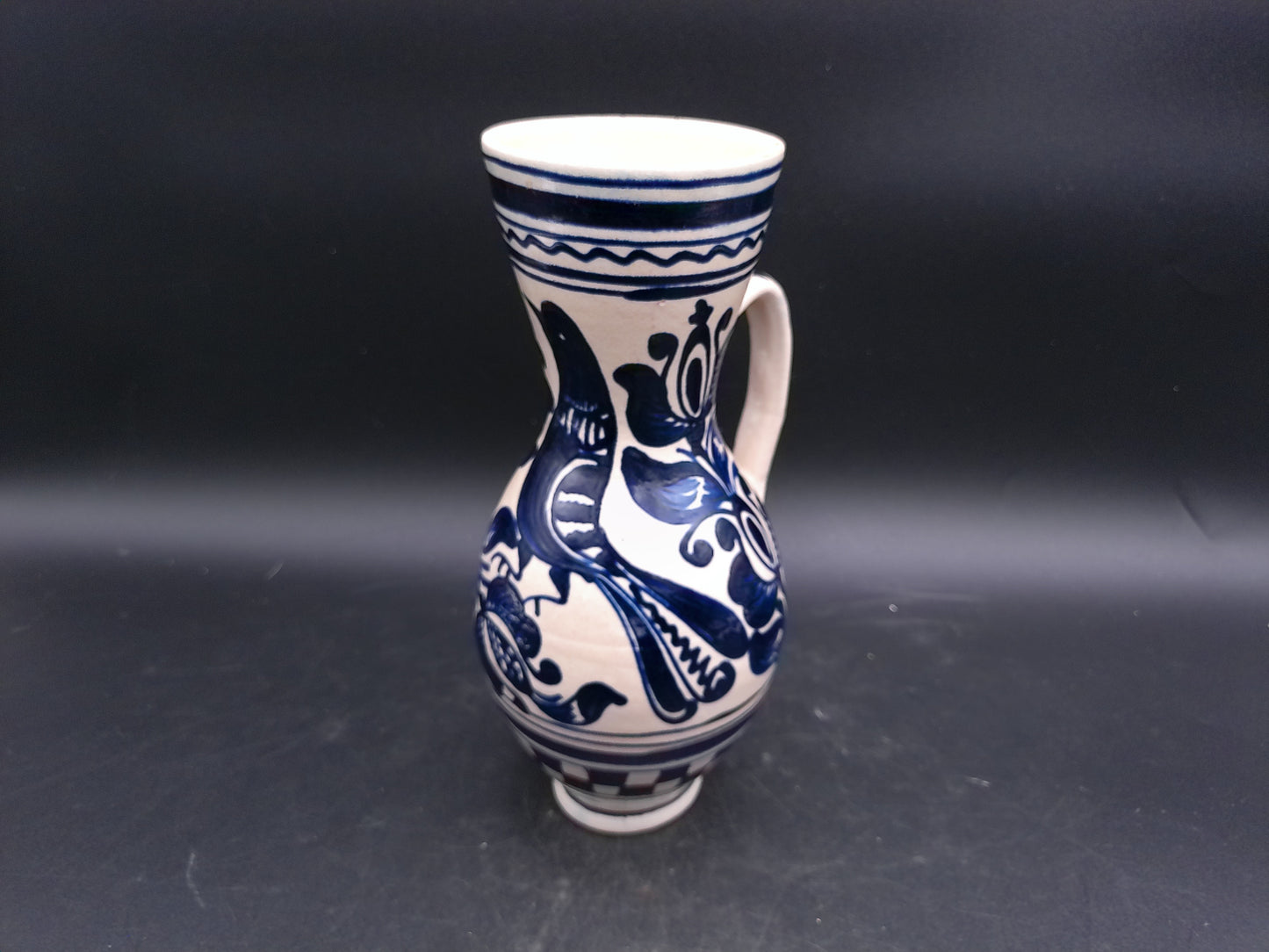 Korond Style Ceramic Pitcher with Bird Hungarian Folklore Handmade Pottery Blue and White Design