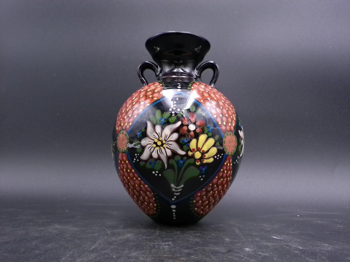 Japanese Cloisonne Black Enamel Beautiful Floral Design with Handles Small