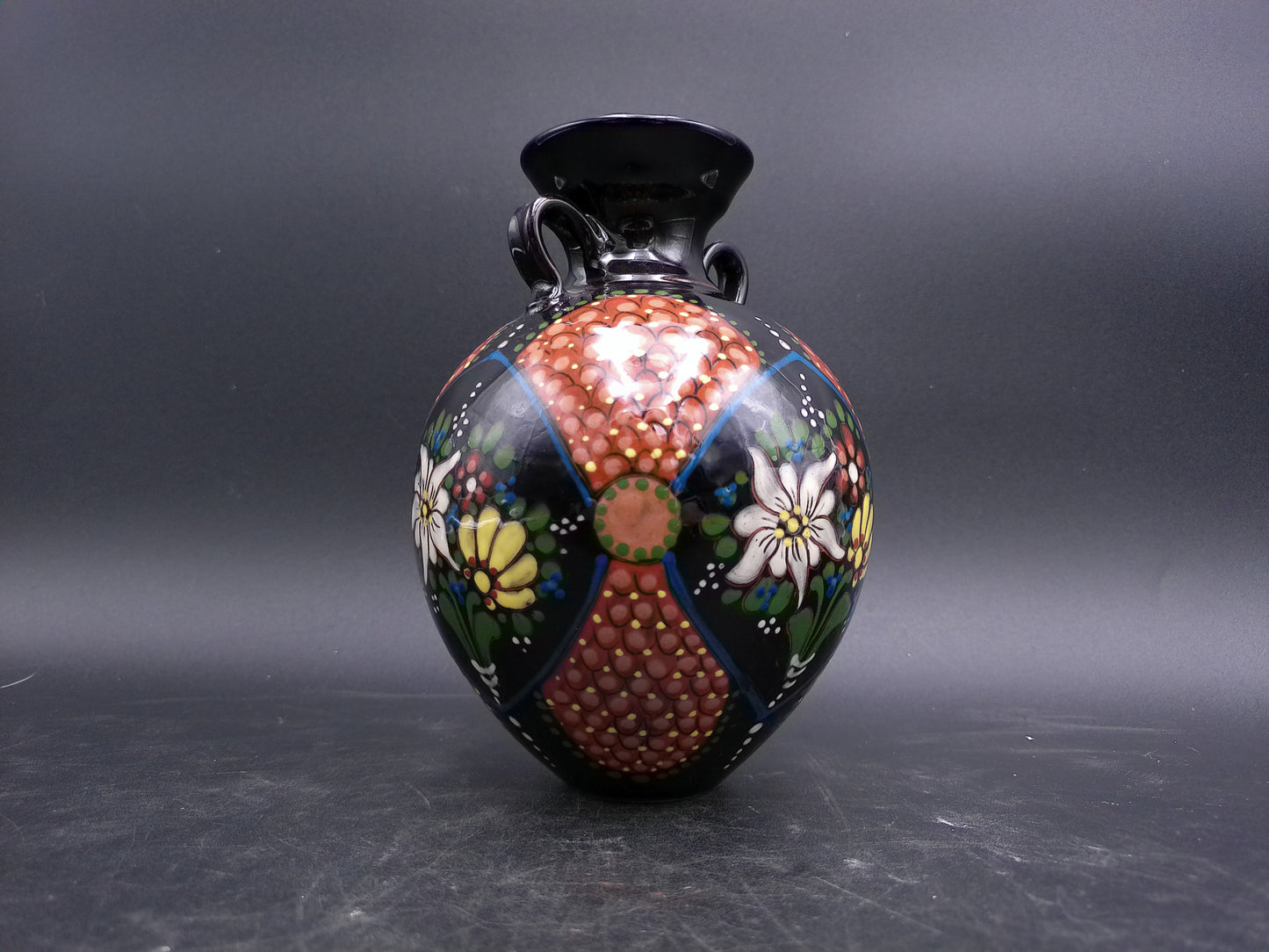 Japanese Cloisonne Black Enamel Beautiful Floral Design with Handles Small